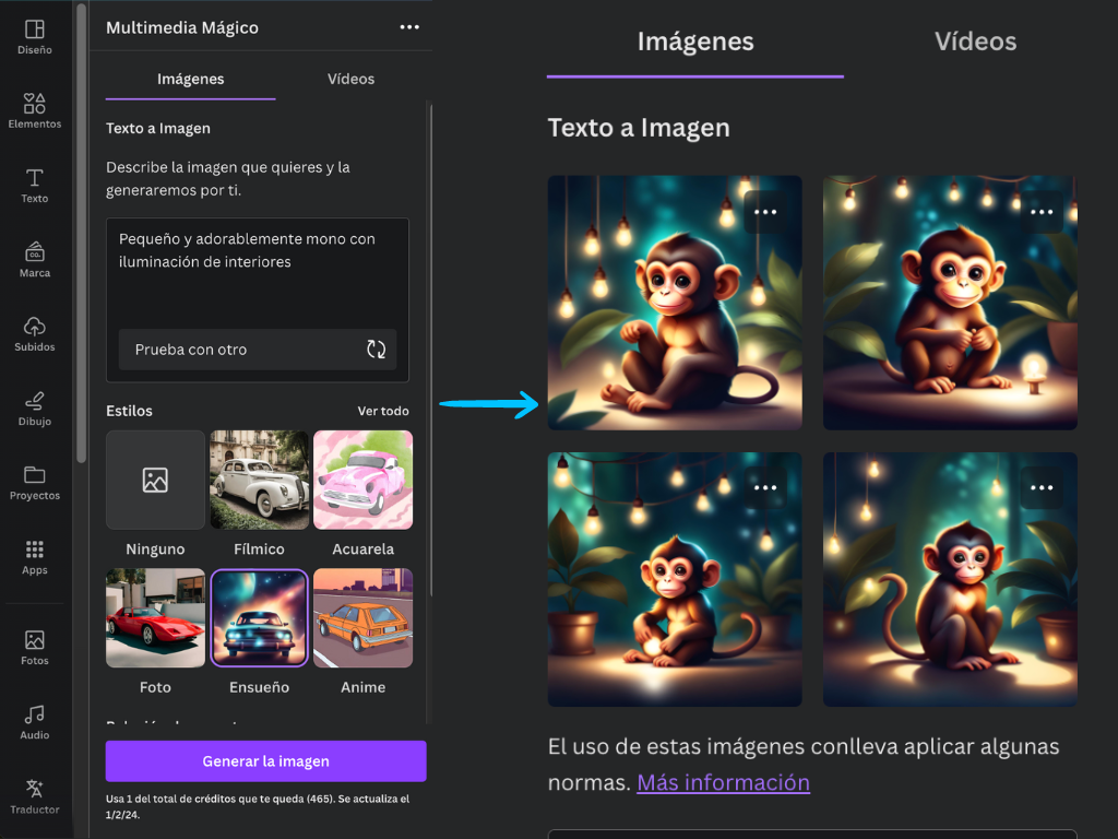 Pestaña Multimedia mágico, donde se describe a un mono. Después hay seleccionado el estilo ensueño. Al lado derecho vemos cuatro imágenes generadas sobre un mono.