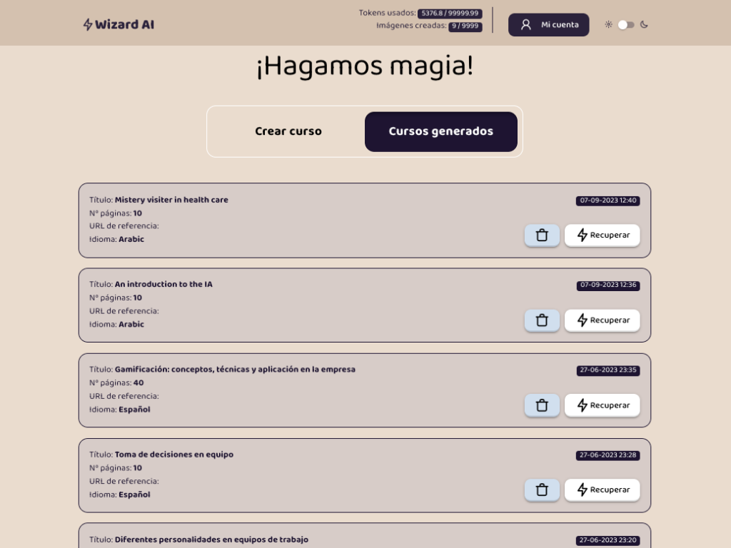 Recuperar o elimar cursos generados anteriormente