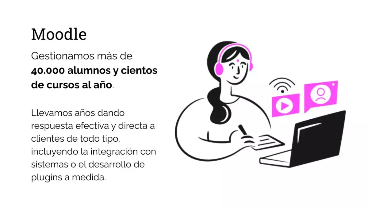 Moodle.
Gestionamos más de 40.000 alumnos y cientos de cursos al año.

Llevamos años dando respuesta efectiva y directa a clientes de todo tipo, incluyendo la integración con sistemas o el desarrollo de plugins a medida.