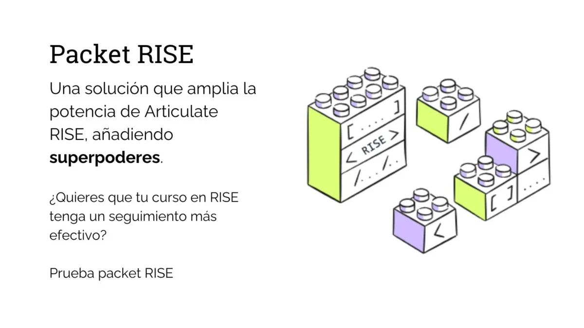 Una solución que amplia la potencia de Articulate RISE, añadiendo superpoderes.

¿Quieres que tu curso en RISE tenga un seguimiento más efectivo? 

Prueba packet RISE